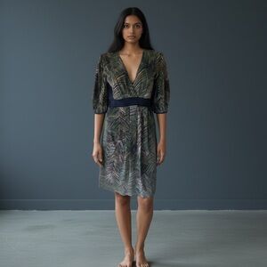 BCBGMaxAzria Navy and Green Leaf Pattern Knit Dress